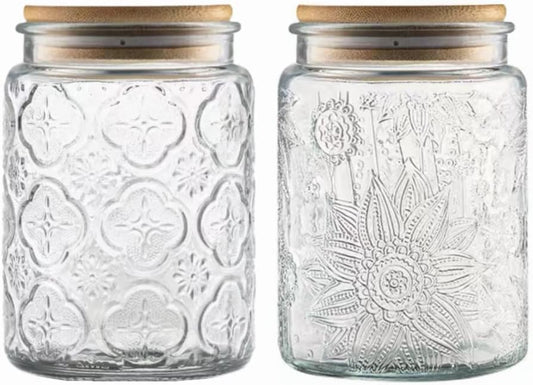ANSQU Vintage Glass Jars Set Canister Airtight Storage Jar Container with Bamboo Wooden Lids for Kitchen Counter, Pantry, Coffee, Tea, Sugar, Cute Jar, 2 Pack 23.7 FL OZ (Begonia & Sunflower)
