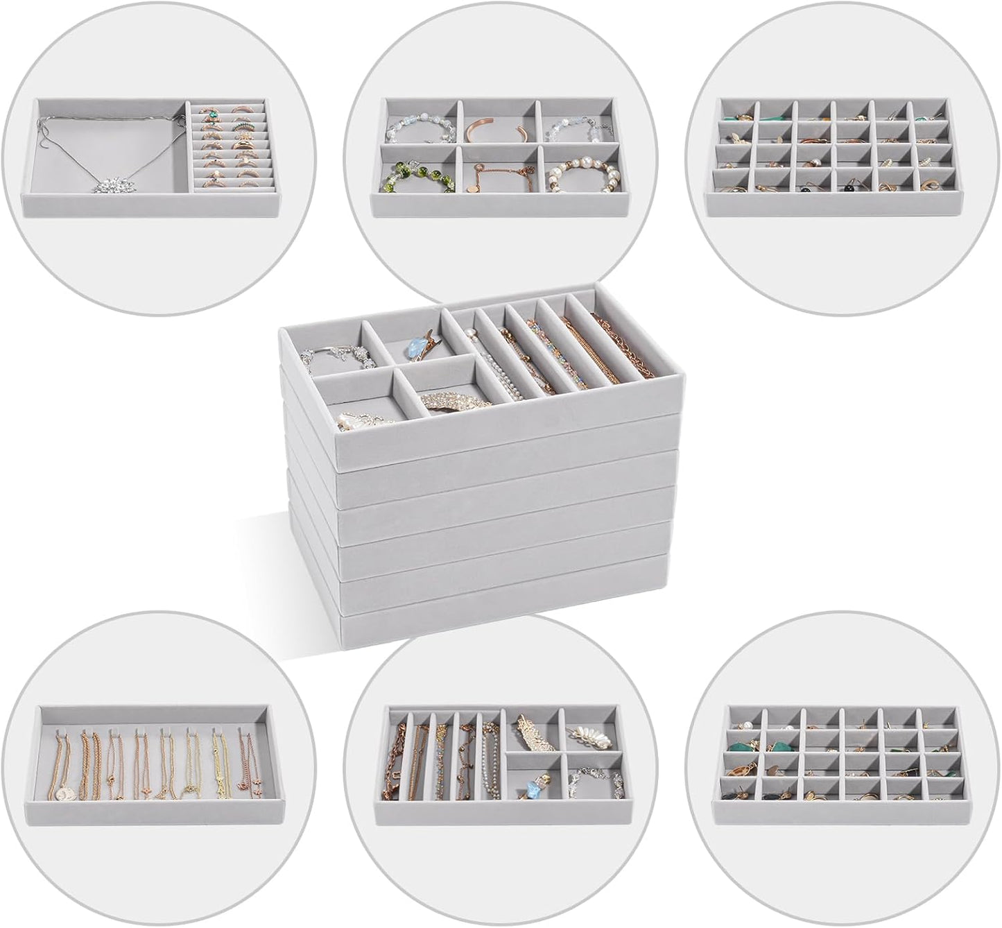 ProCase Stackable Jewelry Organizer Trays for Drawers, Jewelry Drawer Inserts Container Display Case Storage for Earring Necklace Rings Bracelet with Removable Dividers -Grey, 6 Layers