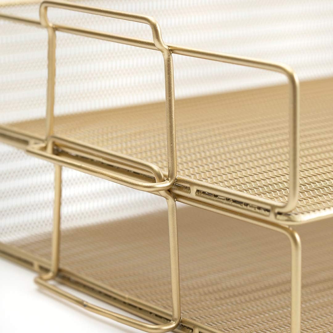 BLU MONACO Gold Mesh Paper Tray – Set of 2 Stackable Letter Trays – Durable Metal Desk Organizer for Home, Office & School – Stylish Document Holder, File Storage, and Workspace Organizer