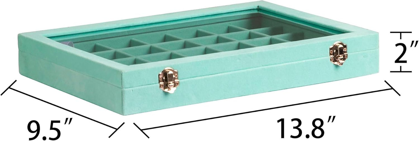 Frebeauty Velvet Jewelry Tray,35 Grid Jewelry Organizer with Clear Lid,Earring Holder Organizer Case with Clasp,Drawer Insert for Rings Studs,13.8 x 9.5 x 2 Inches,Gift for Women Girls(Turquoise)