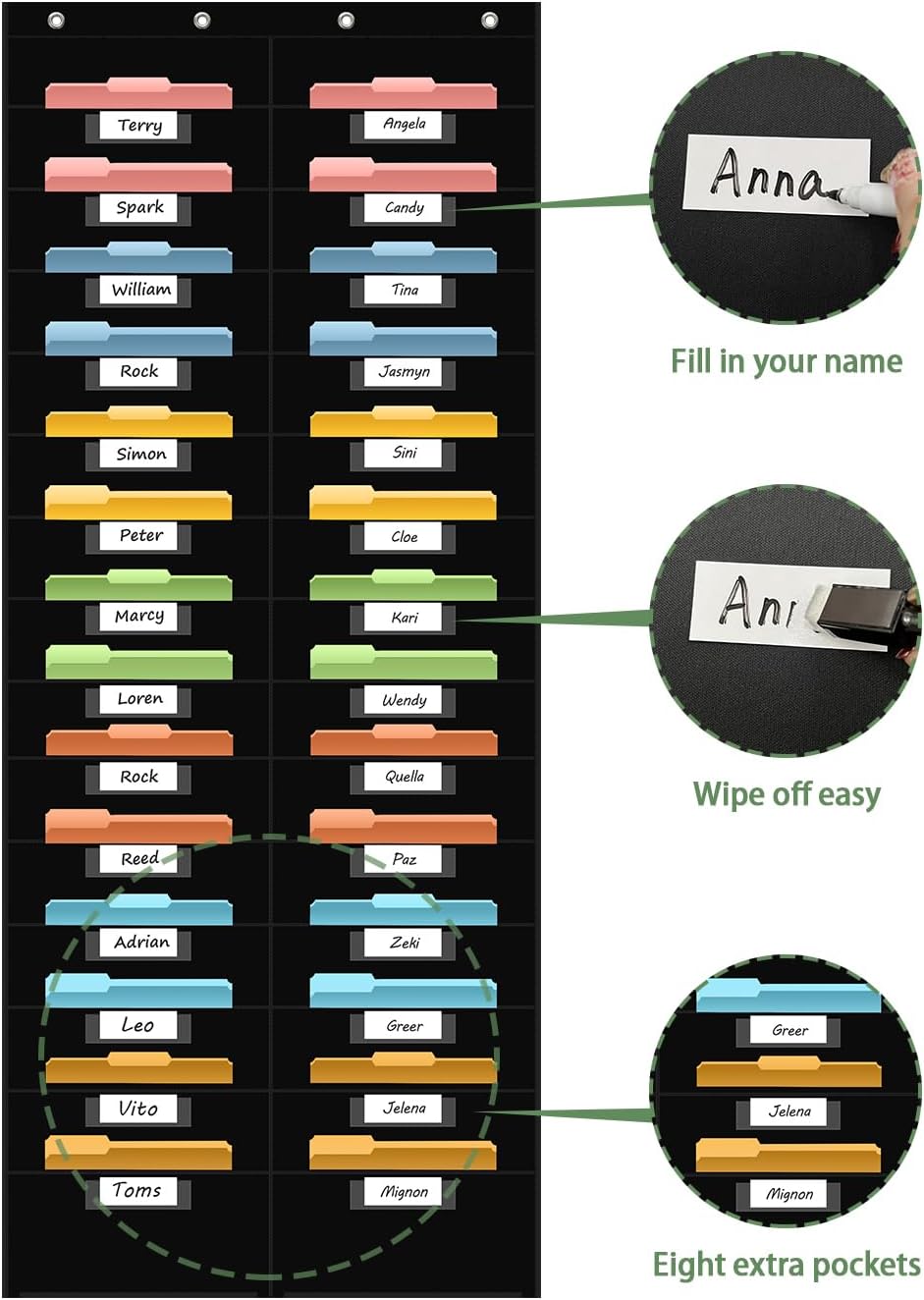 28 Pocket Hanging Wall File Organizer with 28 Name tag Pockets, File Storage Pocket Chart for Classroom and Office Use. Keeps Assignments, Files, Scrapbooks, and Papers Neatly Organized.