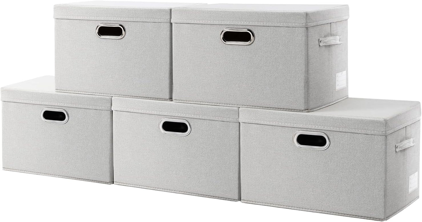 PRANDOM Large Collapsible Storage Containers with Lids [5-Pack] Fabric Foldable Storage Bins Boxes Organizer Baskets Cube with Cover for Home Bedroom Closet Office Beige(17.3x11.8x11.8)