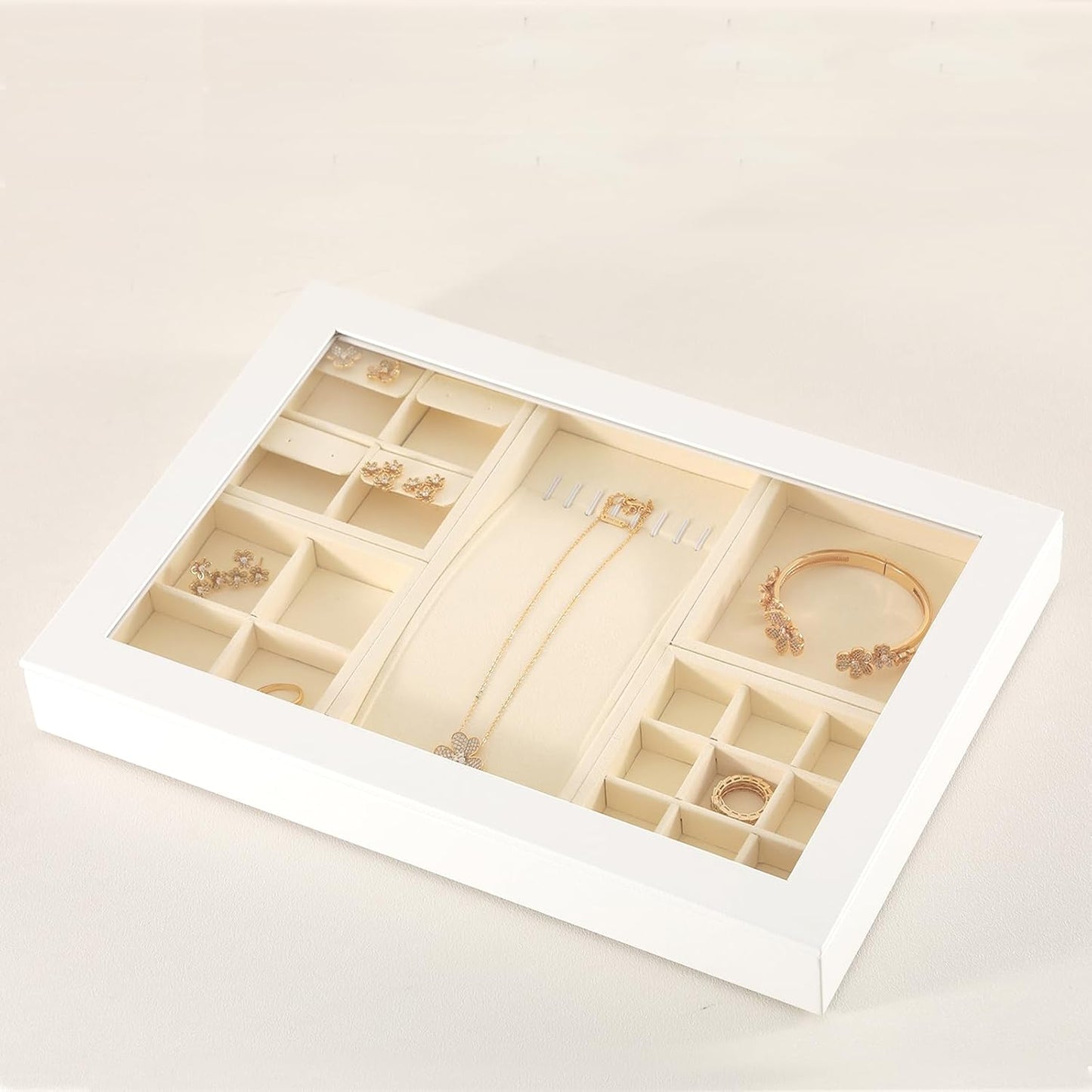 Dark Blue Jewelry Display Tray Ring Necklace Earring Bangle Organizer Multifunctional Storage Case for Jewelry Showcase (Long Necklace Tray(beige))