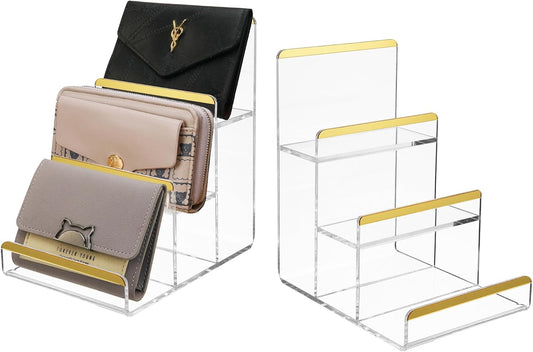 2 Pack 3-Tier Purse Display Stands, Acrylic Wallet Holder Risers Stand, 2-Inch Spacing Clear Clutch Rack Handbag Display Shelf, 4MM Thick Counter Wallet Organizer for Figure Sunglasses Retail Vendor