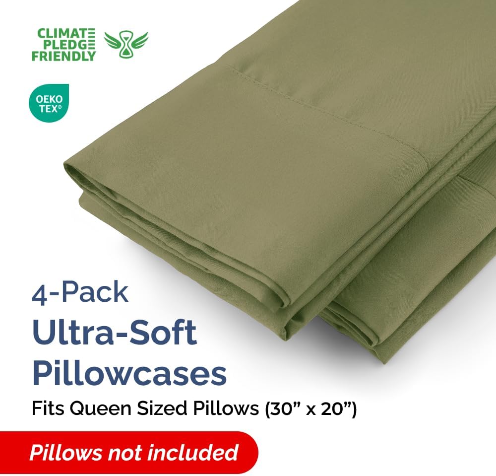 Queen Pillow Cases - 4 Pack - Super Soft Pillowcase Covers - Envelope Enclosure - Hotel Quality Pillow Protectors - Wrinkle Free, Shrink & Stain Resistant - Machine Washable - 20" x 30" (Sage Green)