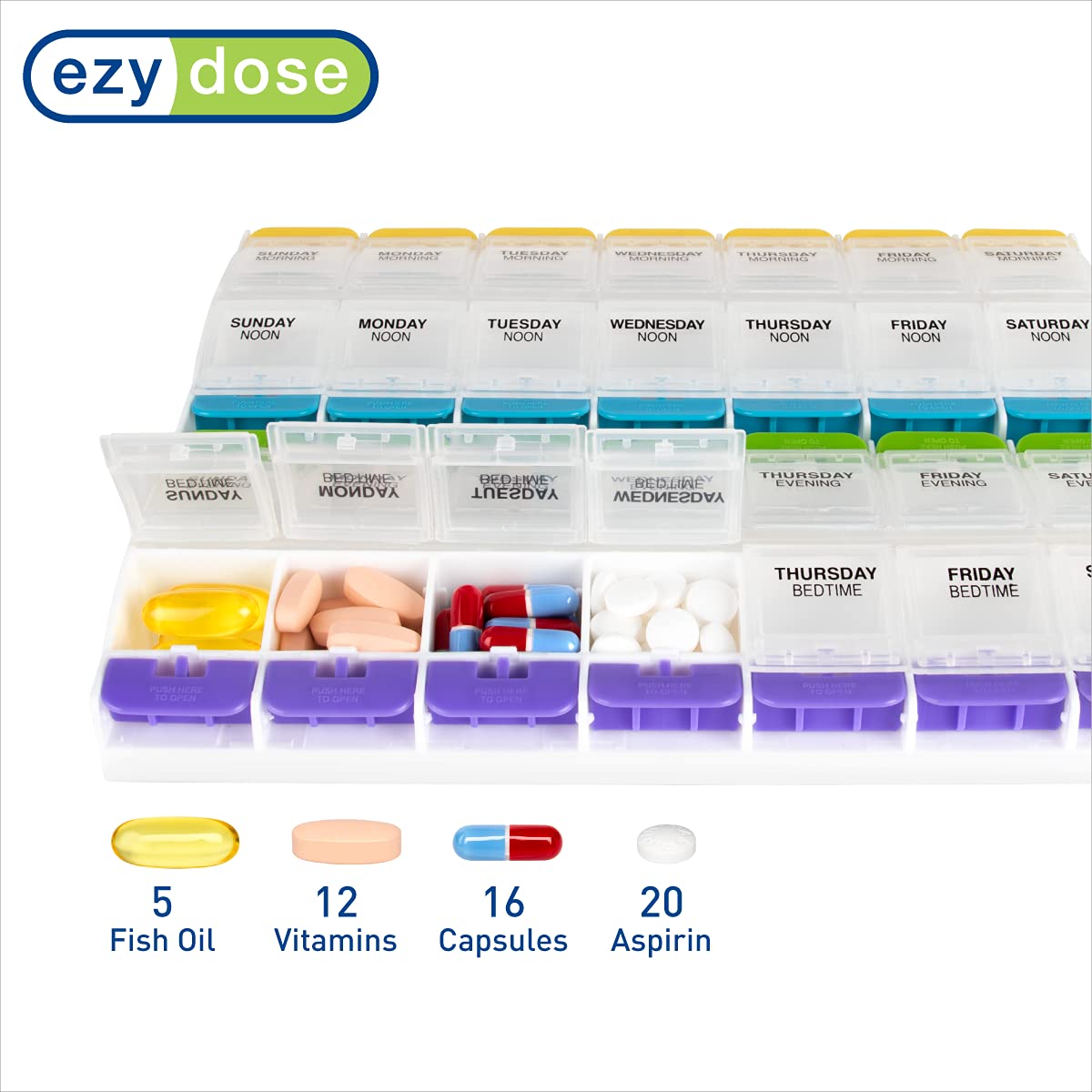 EZY DOSE Weekly (7-Day) Pill Organizer, Vitamin Container, and Daily Medicine Planner, 2X-Large Push Button Compartments, Arthritis Friendly, Easy to Use, 4 Times a Day, Clear Lids, BPA Free