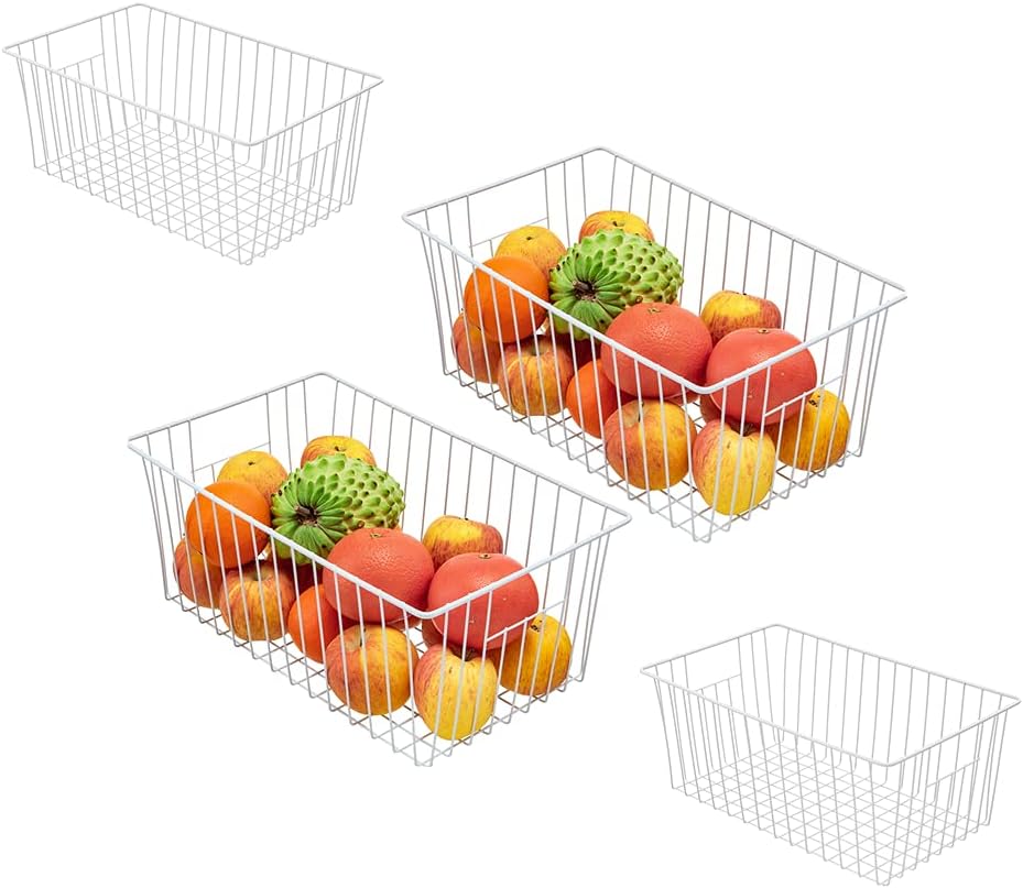 16Lx12W inch Wider Freezer Storage Organizer Baskets Container, Deep Metal Wire Chest Upright Refrigerator Divider Bins with Built-in Handles for Cabinet, Pantry, Closet, Kitchen(4)
