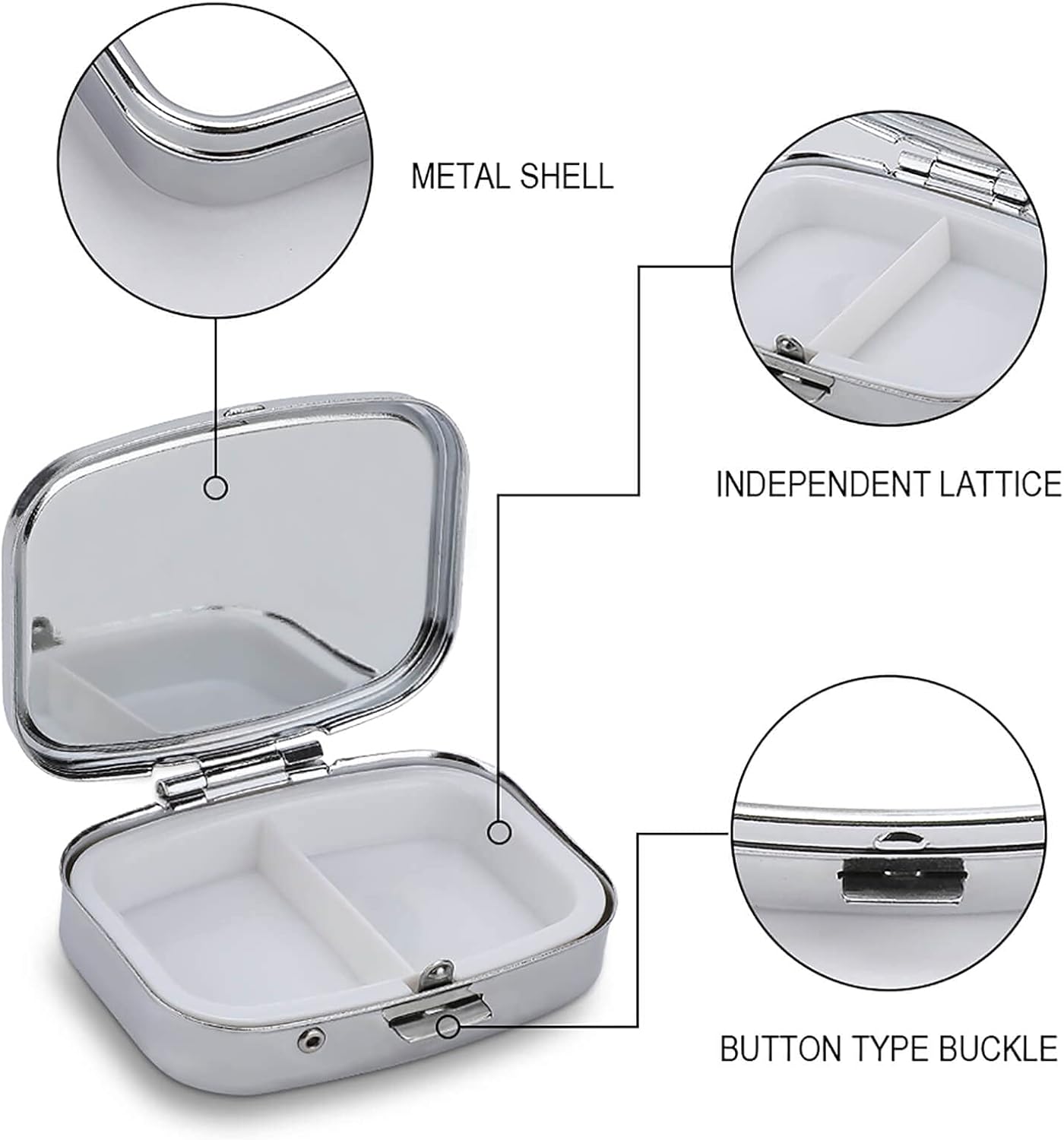 Custom Metal Pill Organizer, Personalization Pill Box with Photo Text Name, 2-Compartment Push-Button Case for Daily Vitamins & Travel