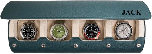 DailyWatch | Personalized Watch Roll Travel Case For 4 Watches - Handmade Genuine Leather Travel Case With Custom Engraving of Name or Initials - Dark Green Litchi