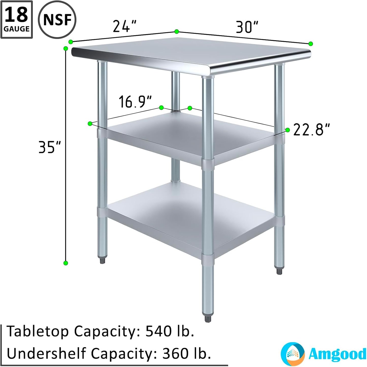 AmGood Stainless Steel Work Table with 2 Shelves | NSF | Metal Utility Table (24" Long x 30" Deep)