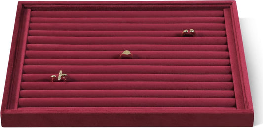 Velvet Ring Display Tray, Stackable Muilt Slot Rings Ear Stud Storage Tray, Drawer Insert Jewelry Accessories Organizers Plate (Red)