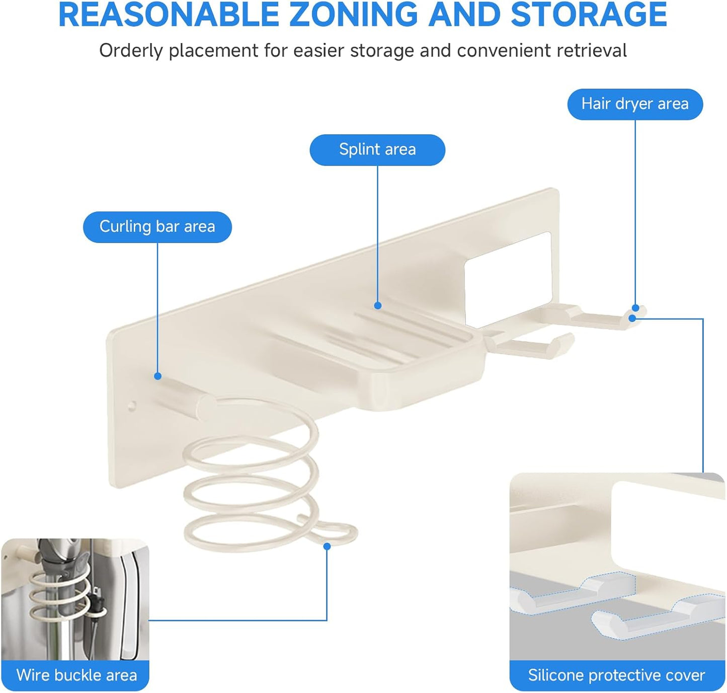 Hair Dryer Holder Wall Mounted,Blow Dryer, Curling Iron, Straightener Holder 3 in 1 Bathroom Metal Hair Tool Organizer Rack-White-2