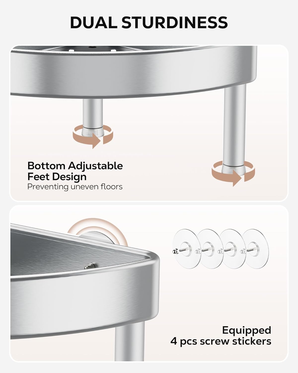 Nieifi Corner Shower Caddy Stand-3 Tier Rustproof Anodized Aluminum Standing Shower Organizer-Shower Caddy Corner-Dual Stability to Anti-Shaking-Height-Adjustable Legs for Uneven Surfaces-Silver