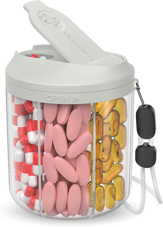Pill Dispenser with 7 Large Compartments, 4.4" H x 3.6" Dia Pill Organizer for Travel, Supplement Organizer with Anti-Mixing Design, BPA-Free Pill Container with 20 Pcs Labels, Grey
