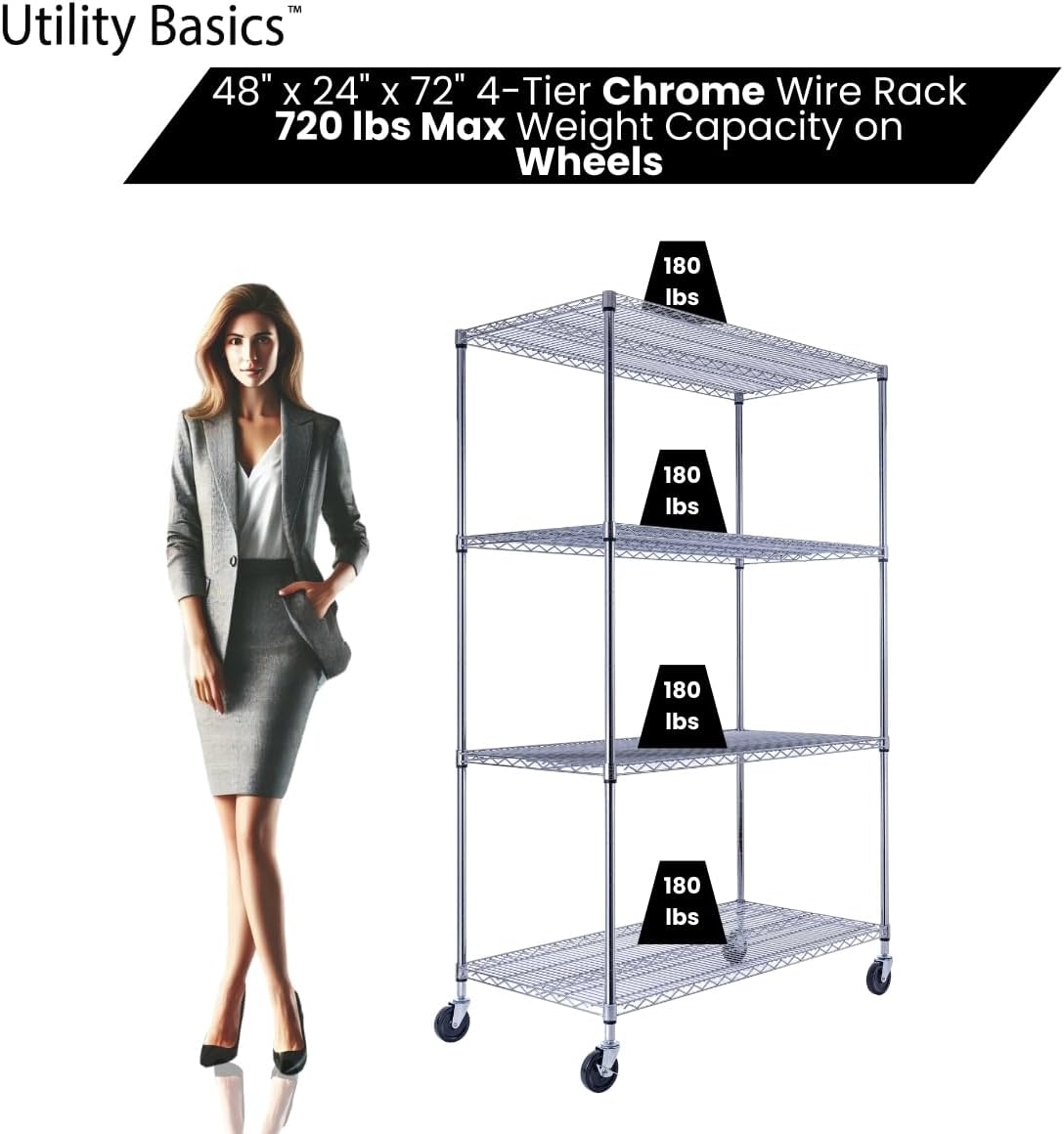 NSF Commercial 4-Tier Wire Shelving with Wheels, 48"x24"x72" Heavy Duty Metal Shelves 3200 lbs Max Capacity, Chrome Storage Rack for Garage Kitchen Pantry Warehouse