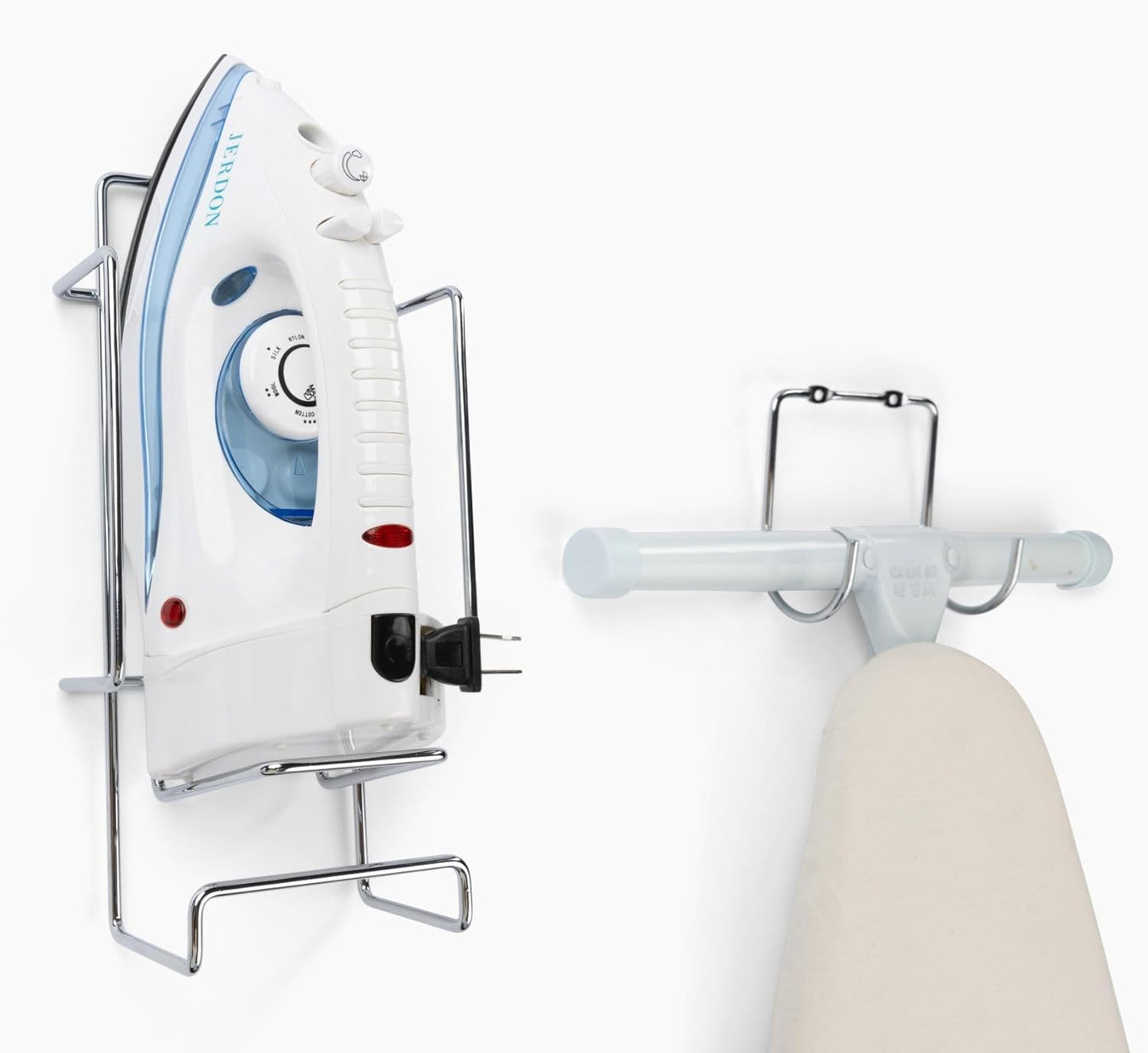 JERDON Ironing Board Holder and Iron Caddy - Stainless Steel Iron Holder with Hook - J525C