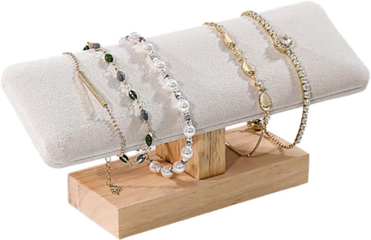 Wooden Watches Display Tower Base Watch Neck Bracelet Organizer Rack Bangle Scrunchie Headband Showcase Tower Beige Suede
