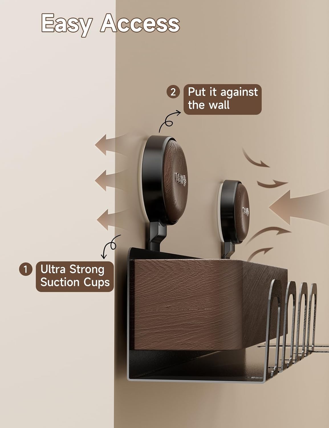 Hair Dryer Holder Wall Mount with Suction Cup, No-Drill Metal Blow Dryer Holder, Hair Accessories Tools Organizer Rack with 1 Toothbrush Hanger & Shelf, Walnut Finish for Bathroom
