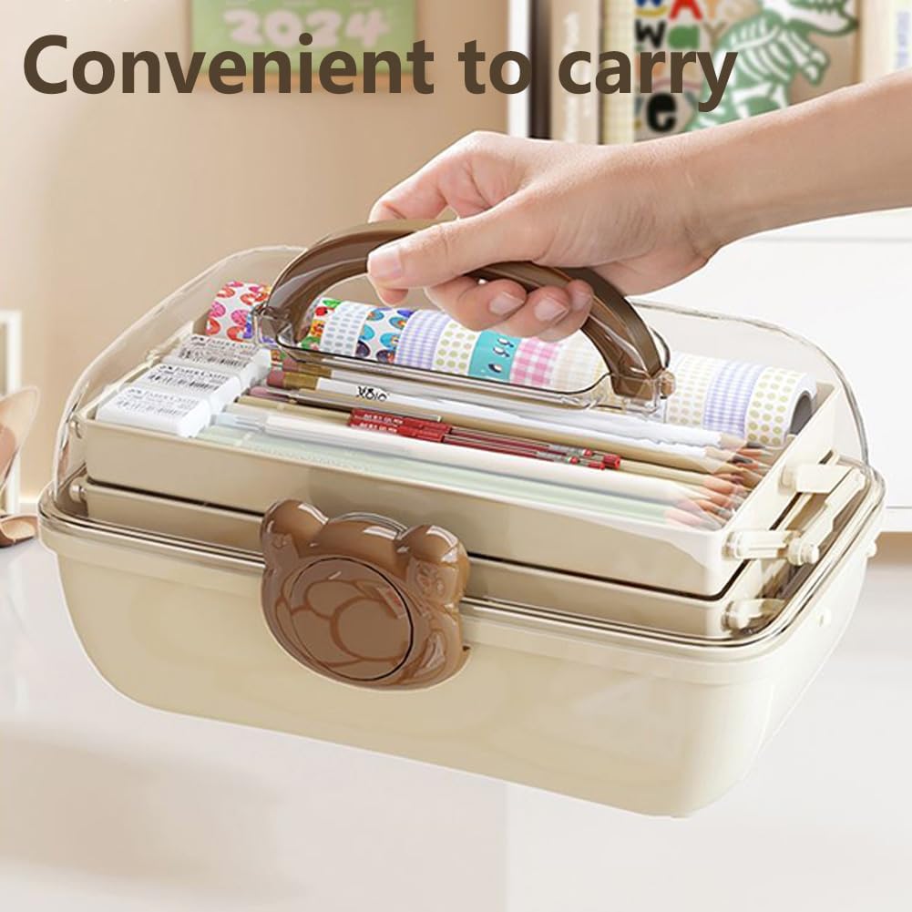 Cute Hair Accessories Organizer 3-Layers Kids Jewelry Storage Box Plastic Hair Accessories holder for Girls (Brown-Bear)