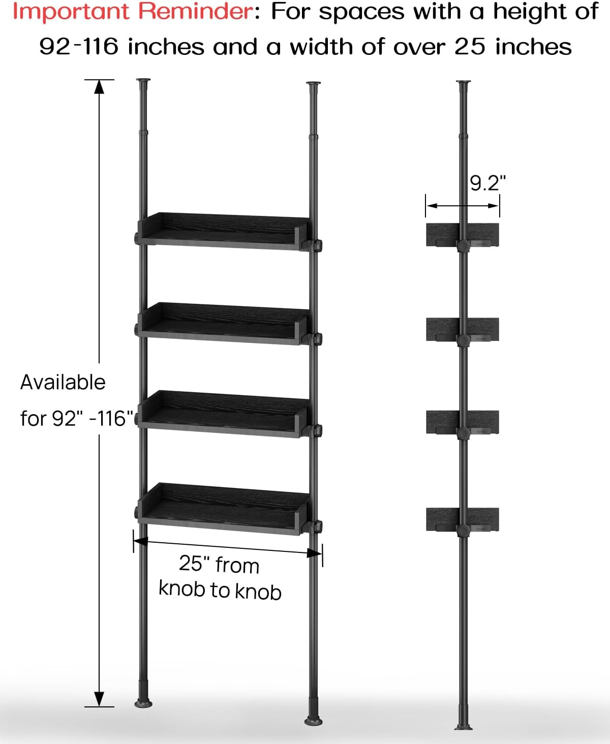 ALLZONE 4 Tier Over The Toilet Storage, Adjustable Wood Over Toilet Bathroom Organizer, Freestanding Shelves, Fit Most Showers Over The Toilet Shelf, 92 to 116 Inch Tall, Black