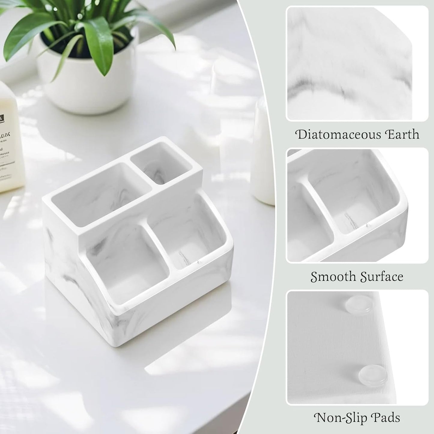 Luxspire Toothbrush Holder, Fast Drying Toothbrush Holders for Bathroom, Diatomaceous Earth Electric Tooth Brush Organizer Toothpaste Holder for Countertop Dresser, Marble White
