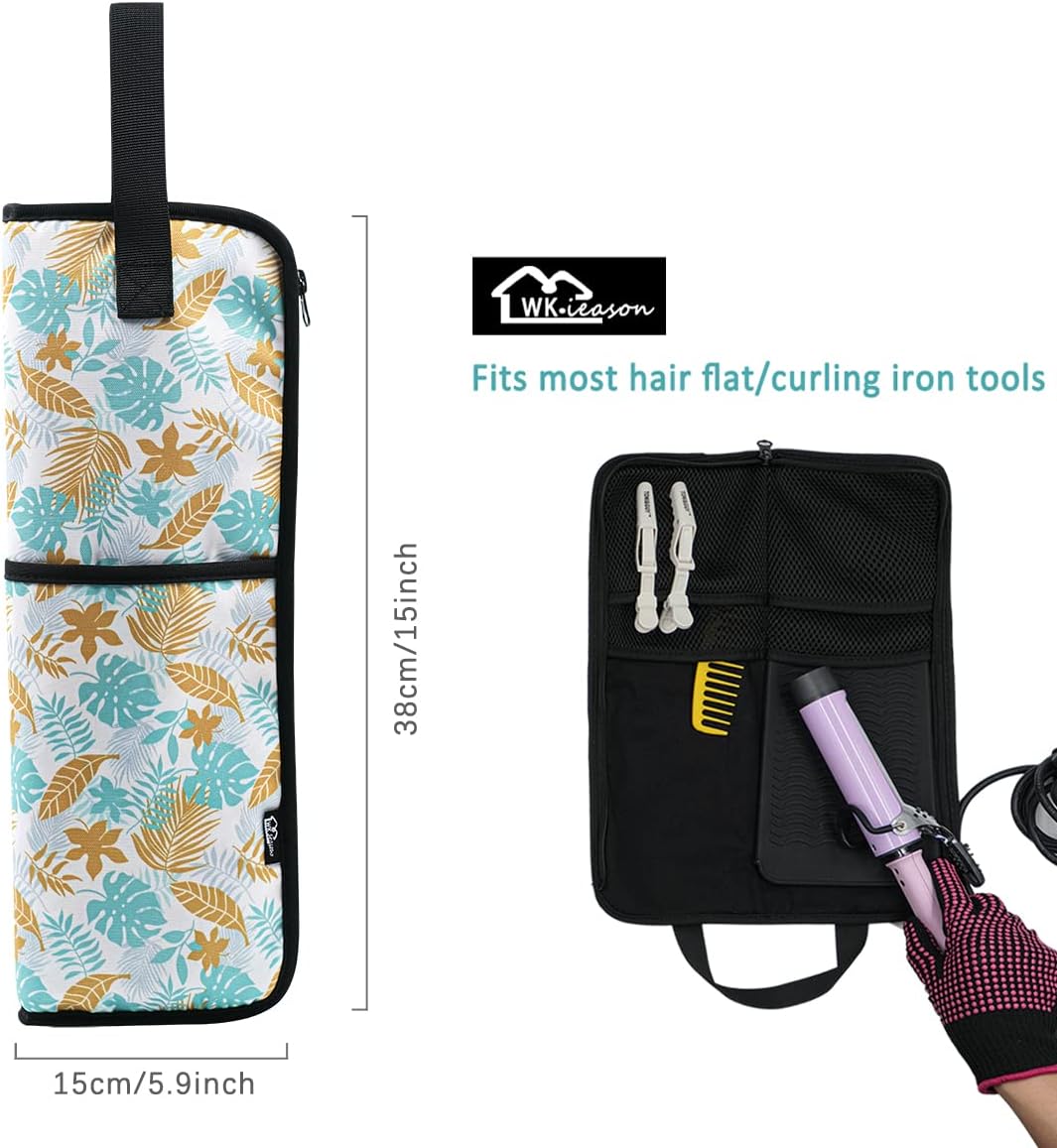 WK IEASON Hair Flat Iron Case Holder Canvas Bag Heat Resistant Curling Iron Straightener Holder Bag for Hair Tools Curling Iron Organizer Bag (Floral print-Fabric bag)