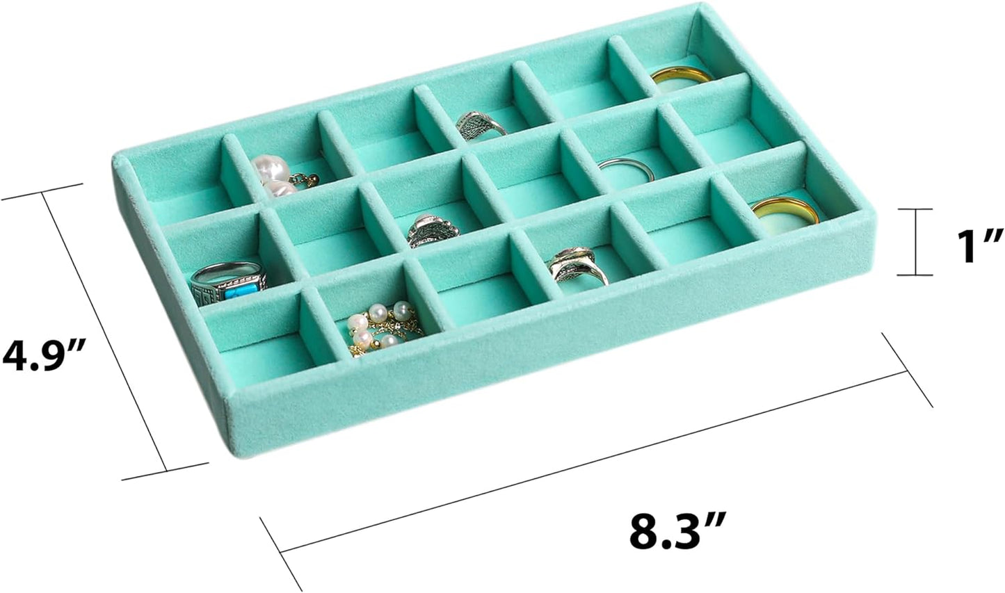 Frebeauty Jewelry Organizer Tray,Stackable Velvet Jewelry Trays,Drawer Inserts Earring Organizer For Women Jewelry Storage Display Case for Rings Stud Necklaces,Set of 4(Turquoise)