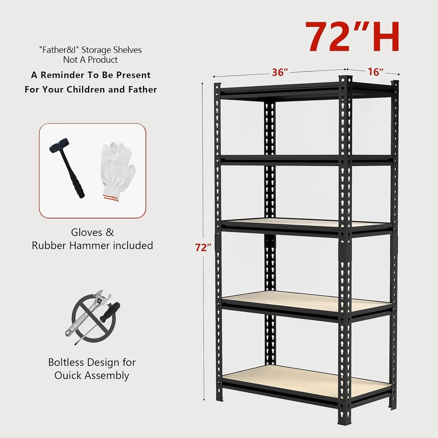 36" W Father&I 5-Shelf-Rack Industrial Metal Shelves Steel Utility Garage/Kitchen Storage Stand Shelving Units Adjustable Heavy-Duty Organizer for Shed/Closet/Pantry/Tote 72" H*36W*16D, Black
