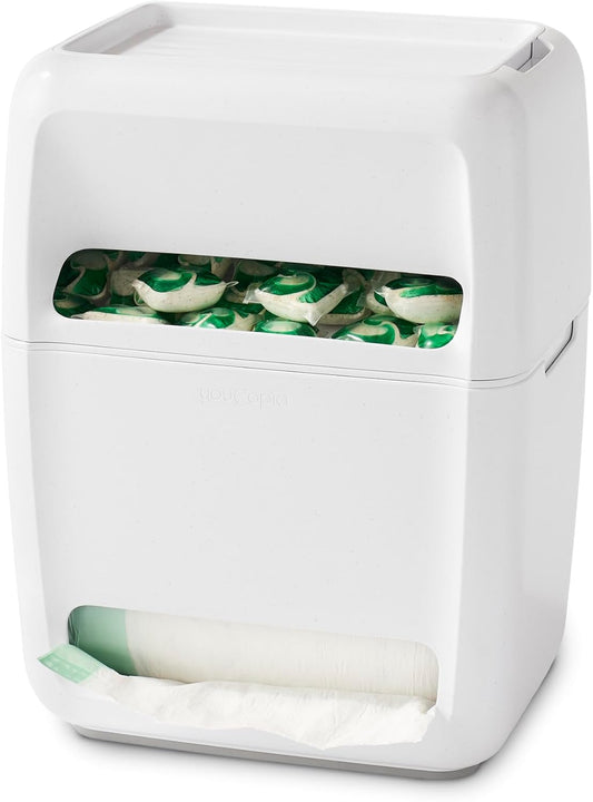 YouCopia SinkSuite Bag & Pod Dispenser, Standing Garbage Bag and Dishwasher Pod Organizer with Removable Lids for Storage, Speckled White