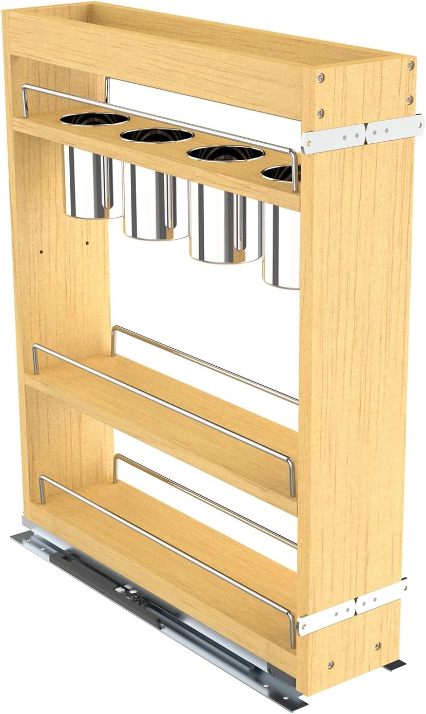 Pull Out Cabinet Organizer 5" Soft-Close Wood Pullout Shelf Organizer for Utilities Kitchen and Bathroom Base Cabinets, Slide Out Spice Rack