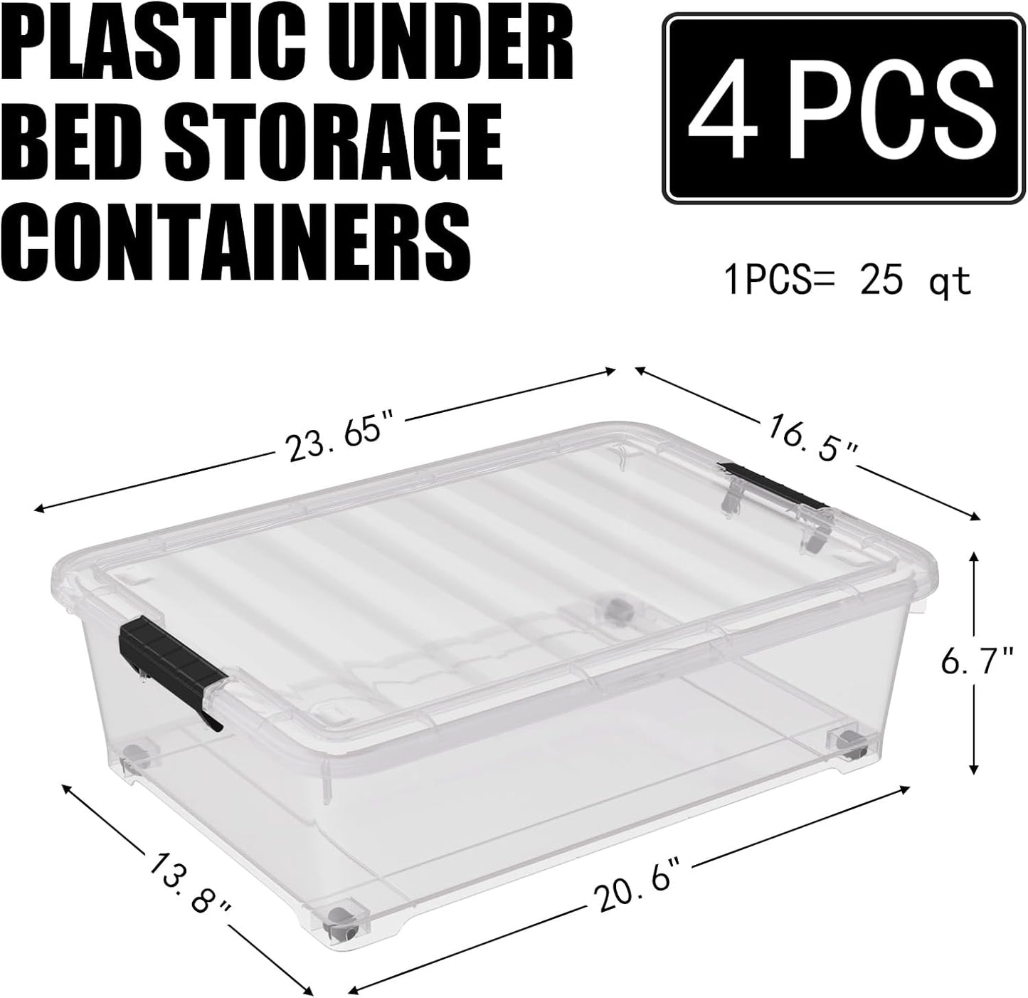 4 Pack Multipurpose 25 Qt Underbed Secure Latching Bin, Plastic Storage Container with Snap-On Lid and Wheels, Clear