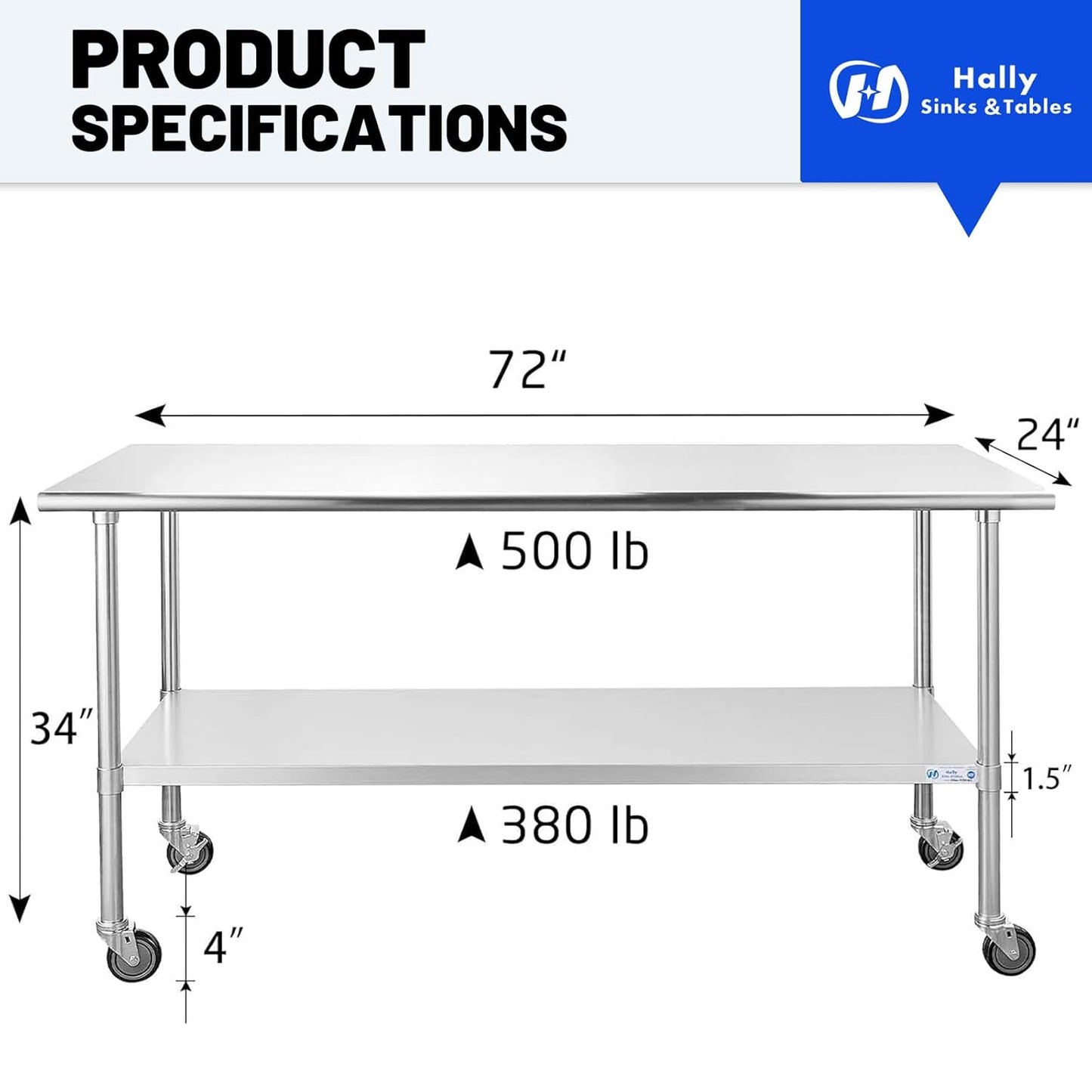Hally Stainless Steel Table for Prep & Work 24 x 72 Inches with Caster Wheels, NSF Commercial Heavy Duty Table with Undershelf and Galvanized Legs for Restaurant, Home and Hotel