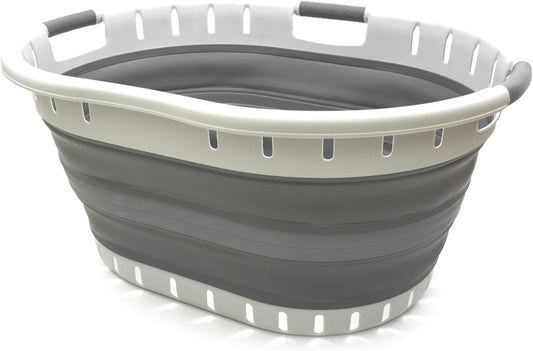 SAMMART 57L (15 Gallons) Collapsible 3-Handled Plastic Laundry Basket - Oval Tub - Portable Washing Tub - Pop up Laundry Hamper (1 pc - Oval, Dark Grey)
