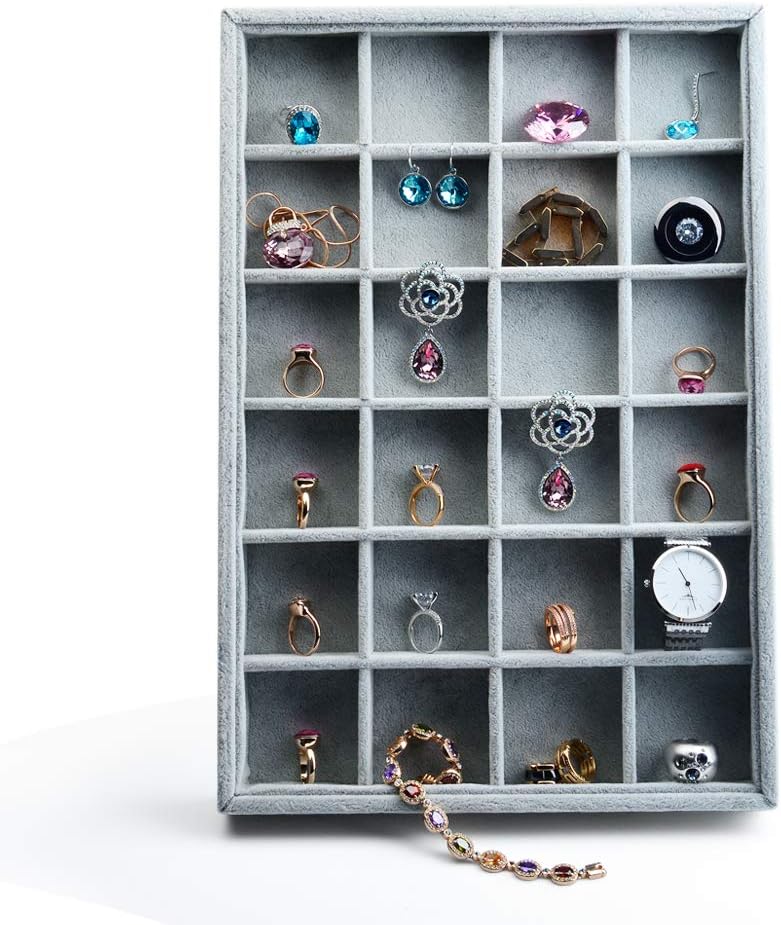 Oirlv 24 Grid Ice Velvet Jewelry Drawer Organizer Tray Stackable Jewelry Trays Removable Dividers for Rings Earring Storage Display