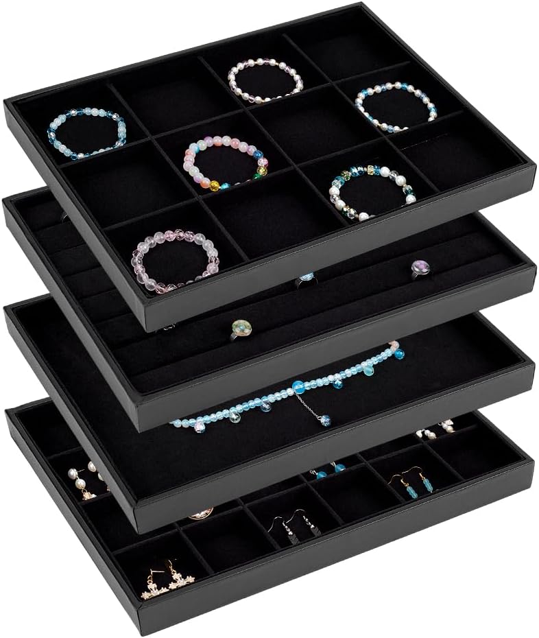PH PandaHall Black Jewelry Tray 4 Pack Jewelry Organizer Tray Rectangle Display Trays Stackable Storage Case for Earrings Rings Necklaces Dresser Drawer Vendor Display Christmas Decor, 13.7x9.4inch