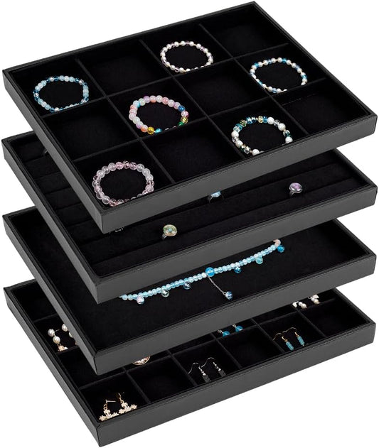 PH PandaHall Black Jewelry Tray 4 Pack Jewelry Organizer Tray Rectangle Display Trays Stackable Storage Case for Earrings Rings Necklaces Dresser Drawer Vendor Display Christmas Decor, 13.7x9.4inch