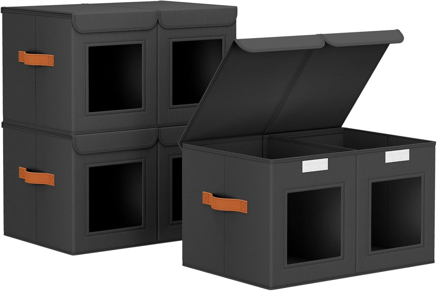 Large Closet Storage Bins - Collapsible Divided Clothes Organizer with Lids & Dual Window, Fabric Organizing Bins for Clothes, Sweater, Toys, Bedroom, Office (Black, 3 Pack)