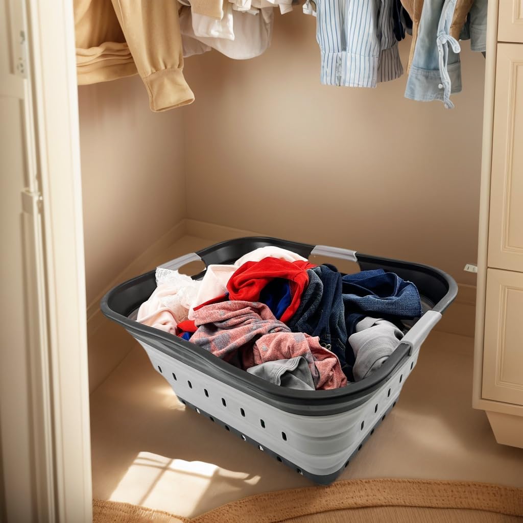 SAMMART 42L (11 gallon) Collapsible Plastic Laundry Basket - Foldable Pop Up Storage Container/Organizer - Space Saving Hamper/Basket (Black/Alloy Grey)