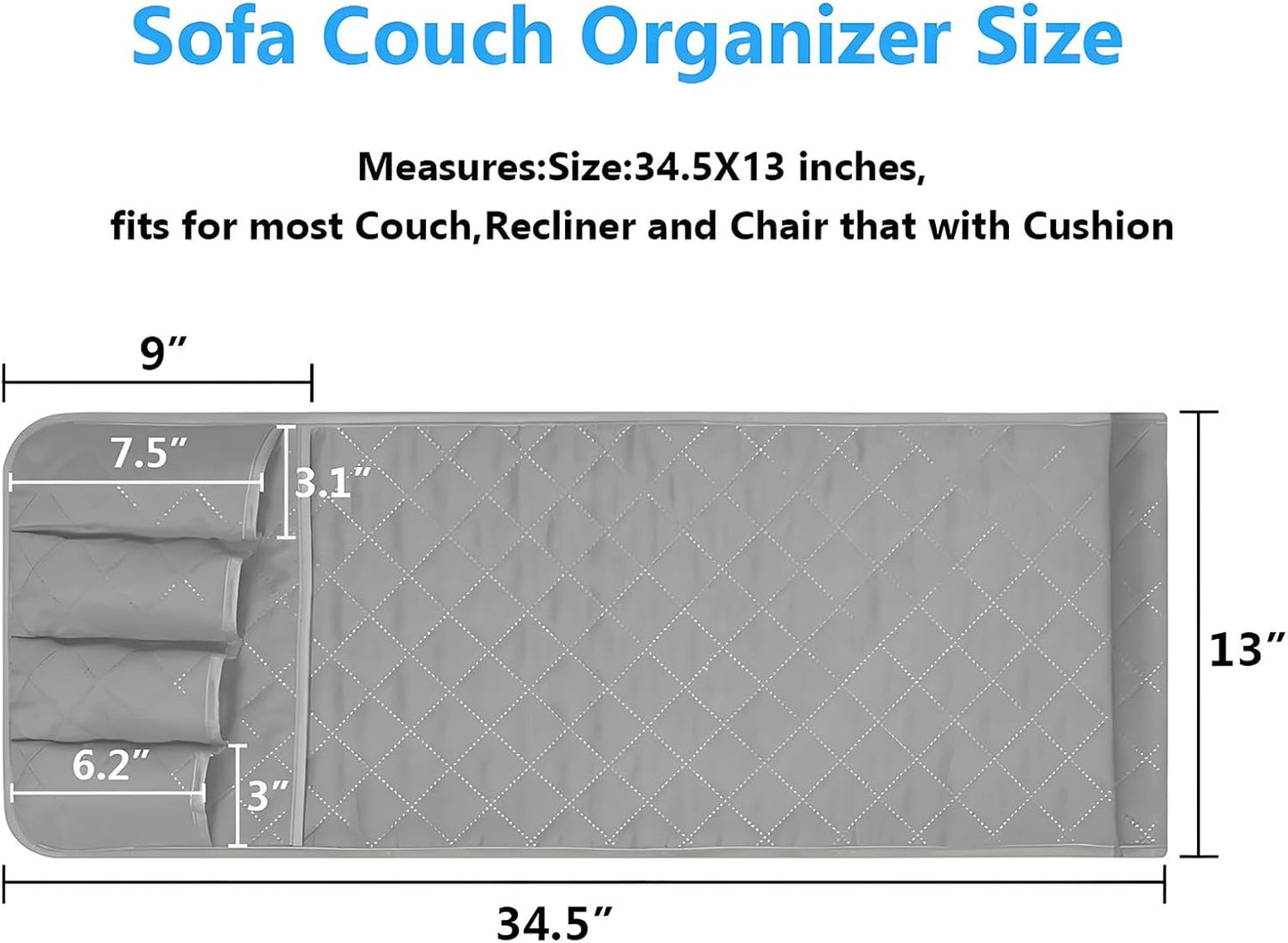 Sofa Armrest Organizer Non-Slip Arm Chair Bedside Caddy Storage Organizer for Recliner Couch with 5 Pockets for Cell Phone TV Remote Control Magazines(LIGHT GRAY)