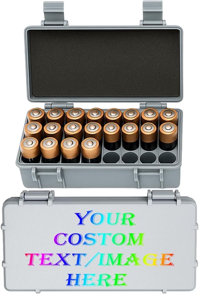 Custom Battery Storage Organizer Box for AA/AAA Batteries, Personalized Logo/Text, Hard Shell Case with Removable Trays and Foam Padding, 3D-Print Compatible Inserts (Large)