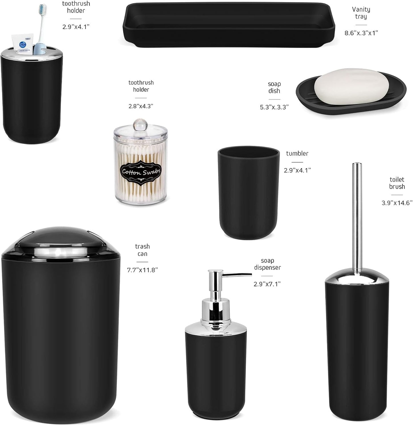 IMAVO Bathroom Accessories Set,Black Bathroom Set,9 Pieces Bathroom Accessory Set,Tray,Qtip Holders,Toilet Brush,Trash Can for Bathroom Décor and Home Gifts