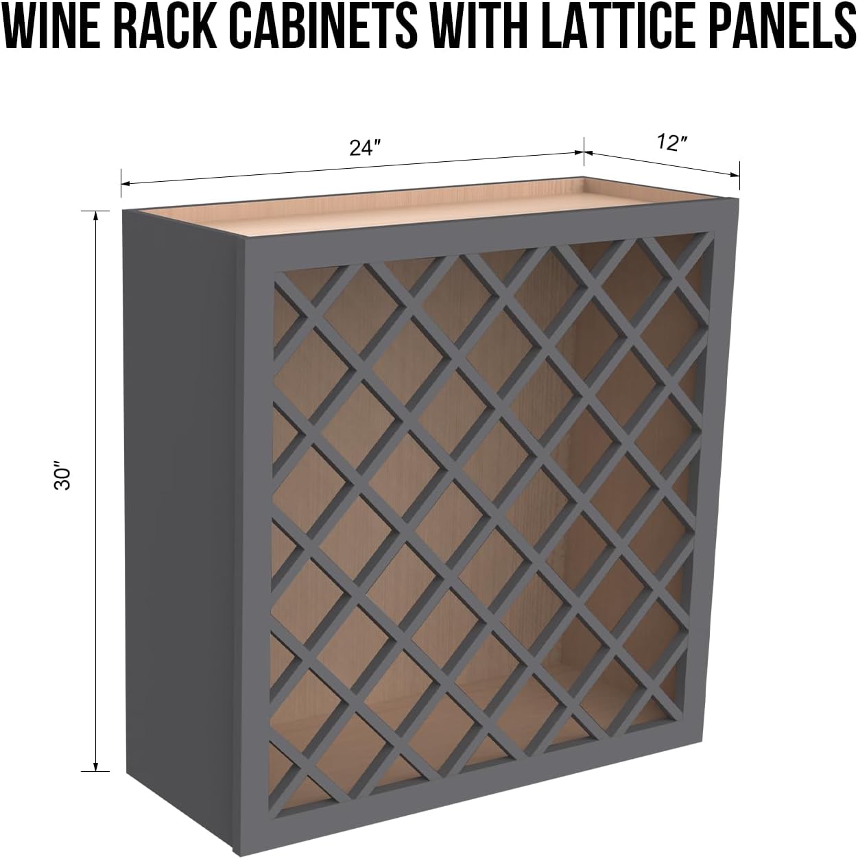 Solid Wood RTA Wine Bottle Rack Wall Cabinet With Lattice Panels - Holder Storage for Bar, Pantry, or Cellar - Mocha Finish Countertop Solution (Pebble Gray, 24"W 12"D 30"H)