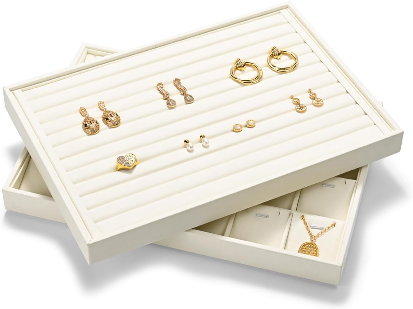 7-Slot Microfiber Ring & Earring Tray Organizer (Beige)