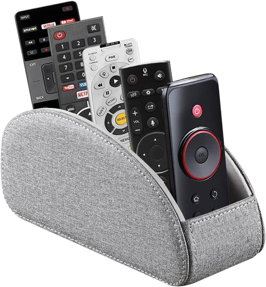 PU Leather Remote Control Holder,TV Remote Caddy with 5 Compartments,Bedside Table or Desktop Organizer for TV,DVD,Blu-Ray,Heater Controllers and Glasses,Media Player,Pen or Pencil Storage(Grey)