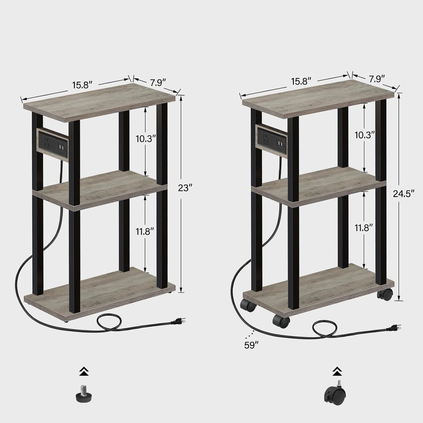 TUTOTAK Small Narrow Side Table with Charging Station, Skinny End Table for Small Spaces, Slim Nightstand with USB Ports and Outlet, Sofa Beside Table with Wheels, Greige TB01BG046