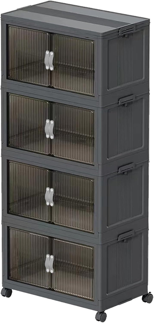 Stackable Storage Bins with Lid & Drawers, Large Foldable Collapsible Storage Containers Bin with Doors & Wheels, Folding Plastic Storage Boxes for Home, Pantry, Office (S, Gray 4-Tier)