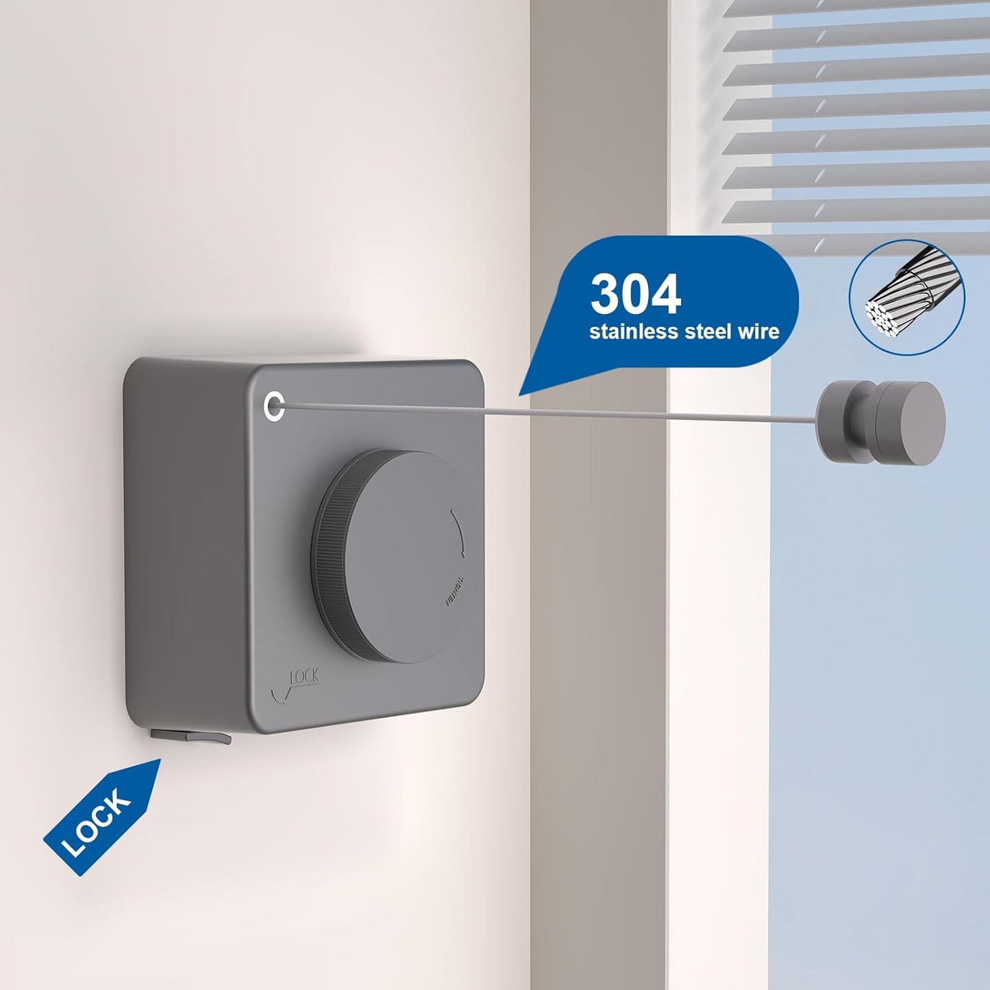 Suntree Retractable Clothesline in Grey - 16.4ft Sag-Proof Stainless Steel Cable, 5 Clips, 2 Installation Kits (No Drill/Drill), 44lb Heavy Duty Wall Mount Indoor Outdoor Laundry Drying Line