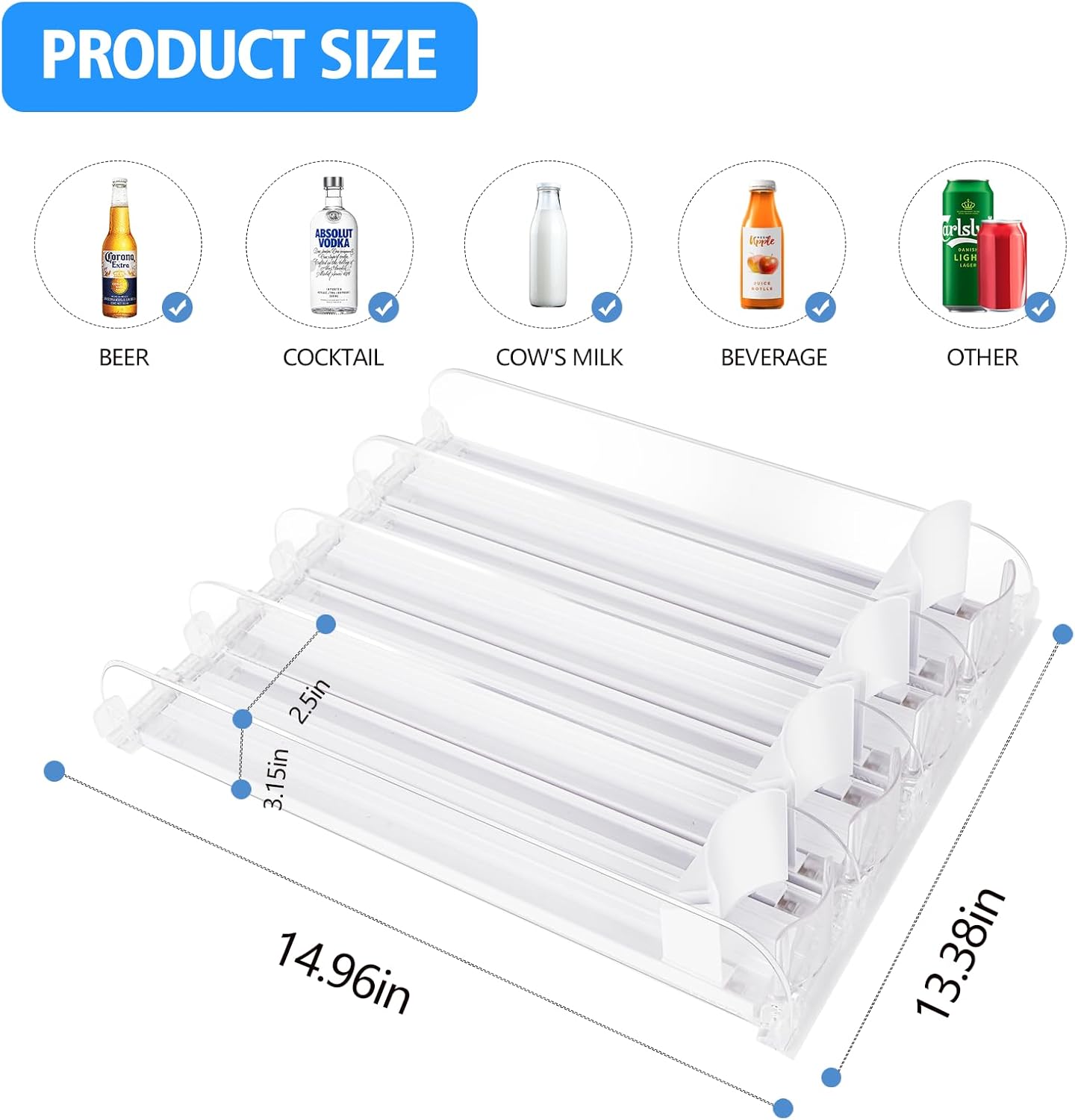 SOLY Drink Organizer for Fridge, Soda Can Dispenser for Refrigerator, Automatic Drink Dispenser Holds 6–20oz, 4 Row, 14.96" Deep