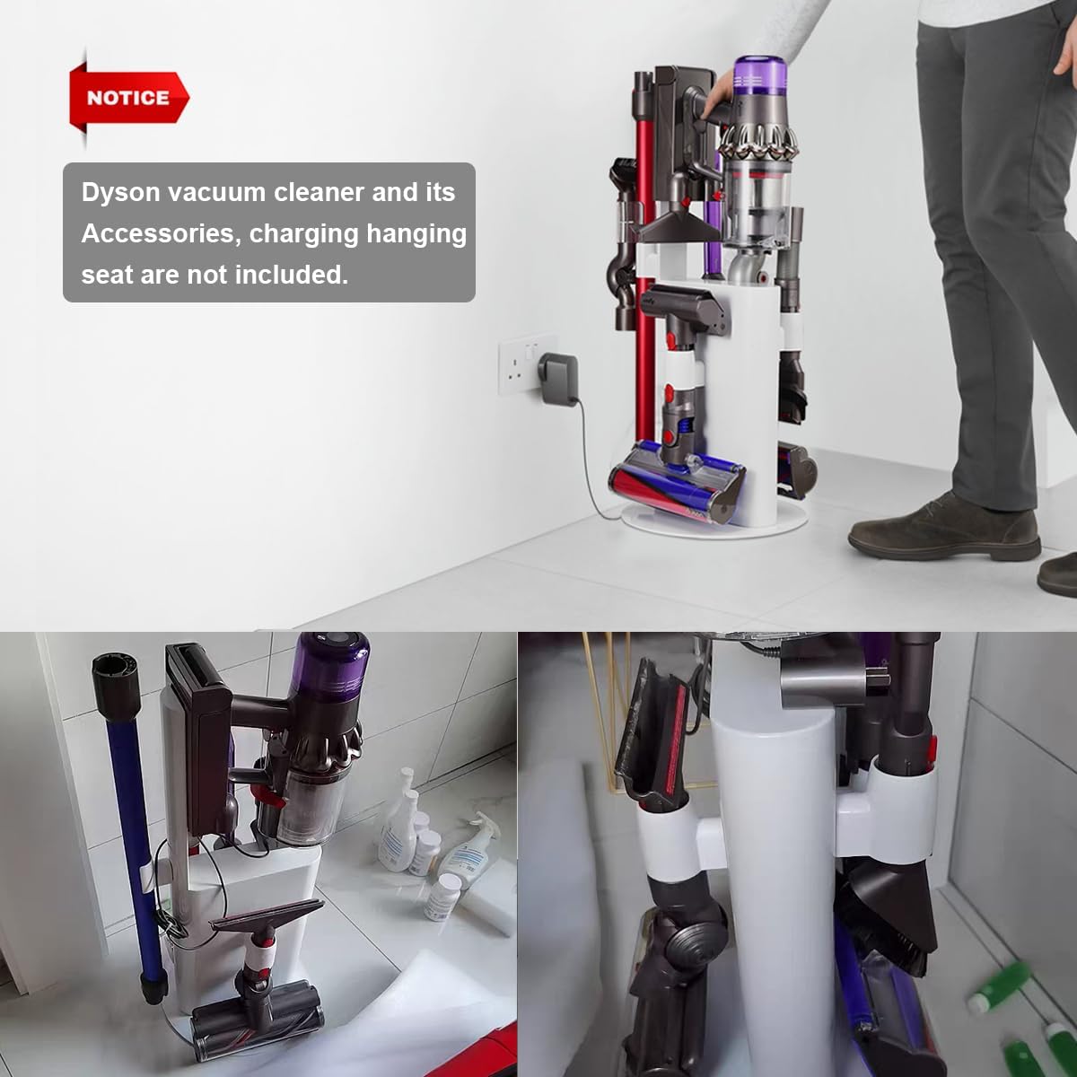 Vacuum Stand Holder for Dyson V15 V11 V10 V8 V7 V6 Cleaner, Stable Metal Storage Rack, Drill-Free Organizer Bracket Compatible with Dyson Cordless Vacuum Cleaner and Its Tools, White