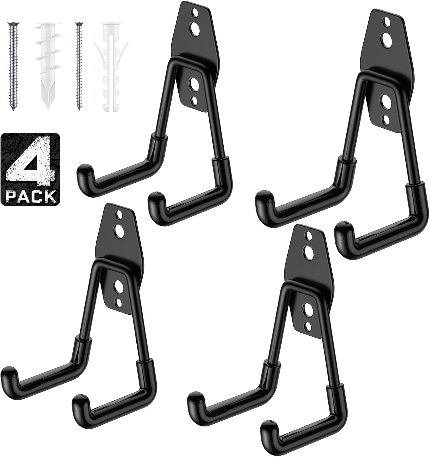 Garage Hooks with Anti-Slip Coating,Heavy Duty Wall Mount Storage Hooks for Hanging Bike,Hose,Ladder,Yard,Garden Tools (4 Pack Black 4.5x2.75 inch)